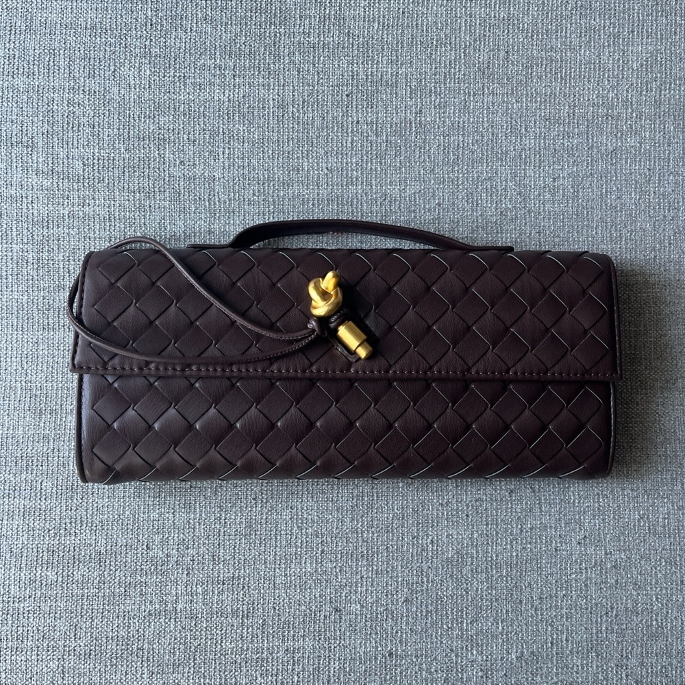 Brand New Chic Brown Woven Faux Leather Clutch